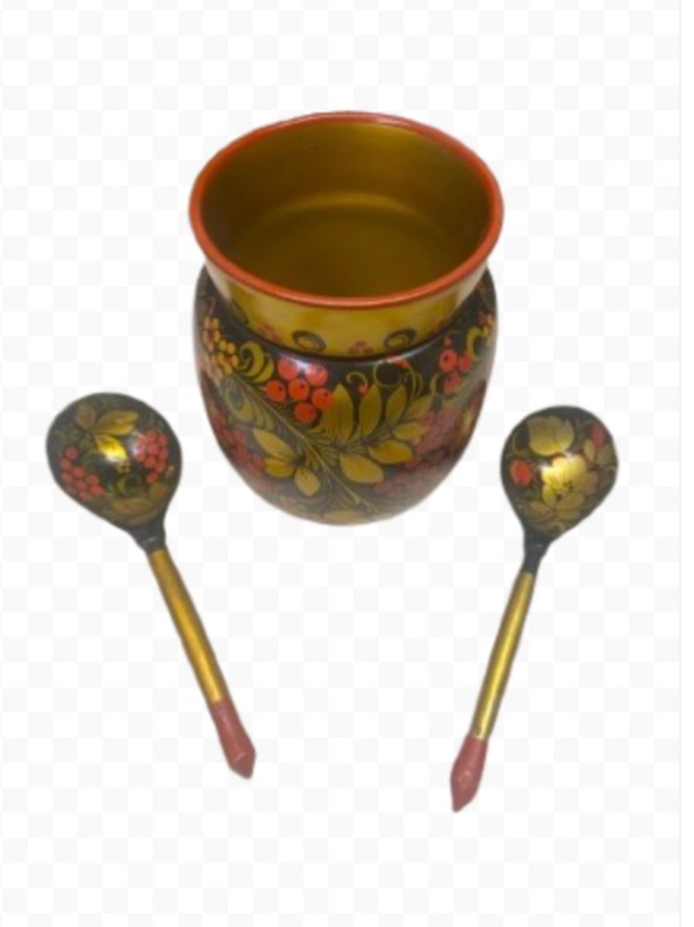 Vintage USSR Folk Art Wood Khokhloma Vase and 2 Decorative Spoons Hand Painted